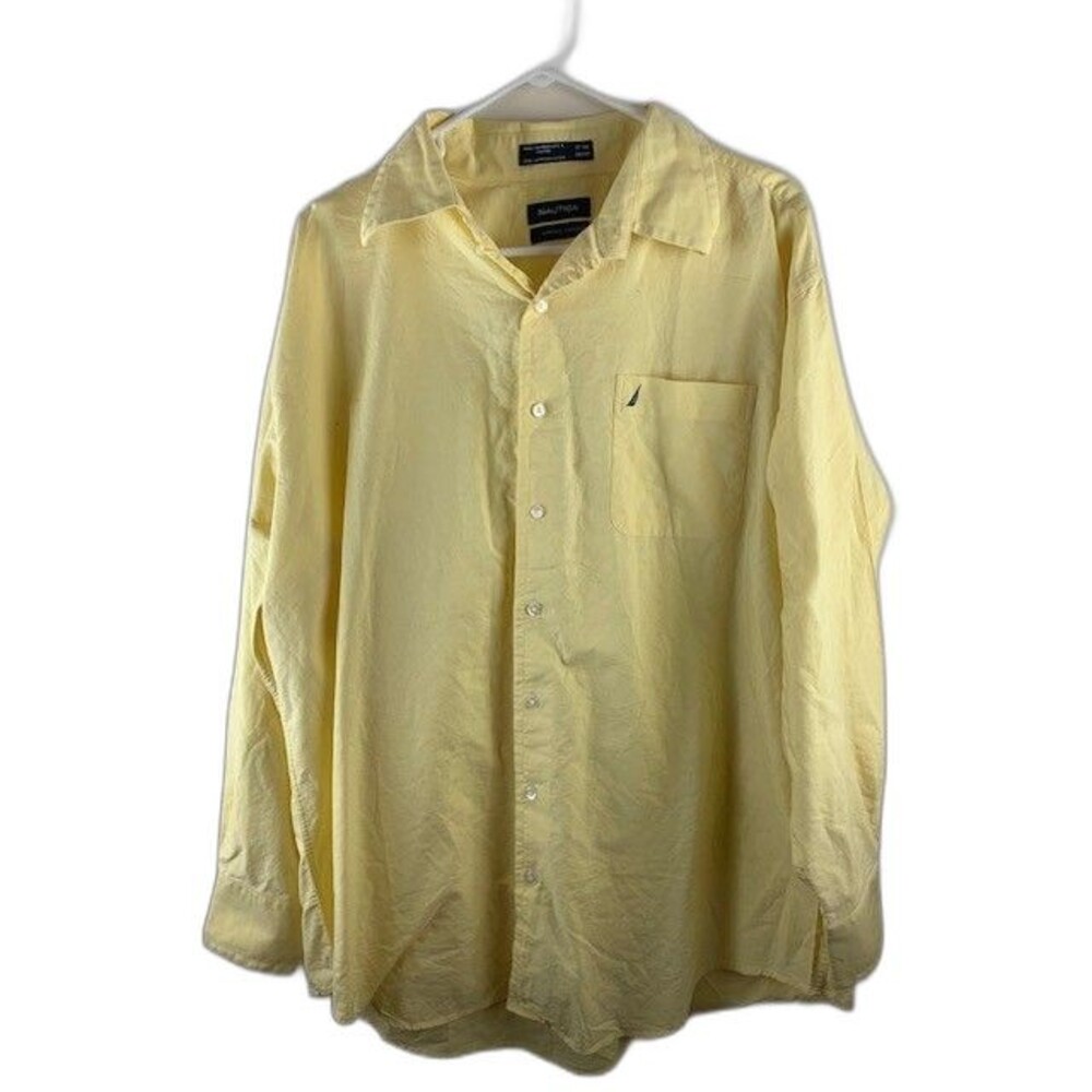Nautica Size 17.5 34-35 Mens Yellow Shirt Button Up Long Sleeve
